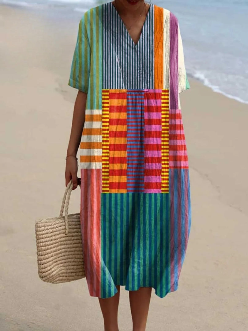 Danika - Vestido de Algodão Estilo Vintage com Estampa Geométrica