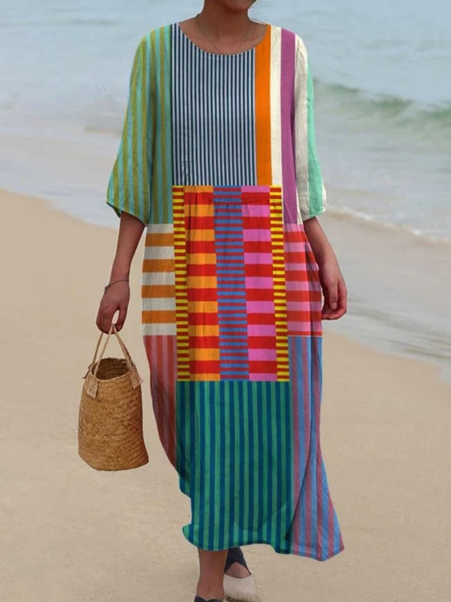 Danika - Vestido de Algodão Estilo Vintage com Estampa Geométrica