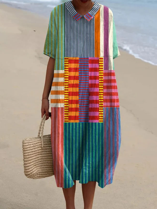Danika - Vestido de Algodão Estilo Vintage com Estampa Geométrica