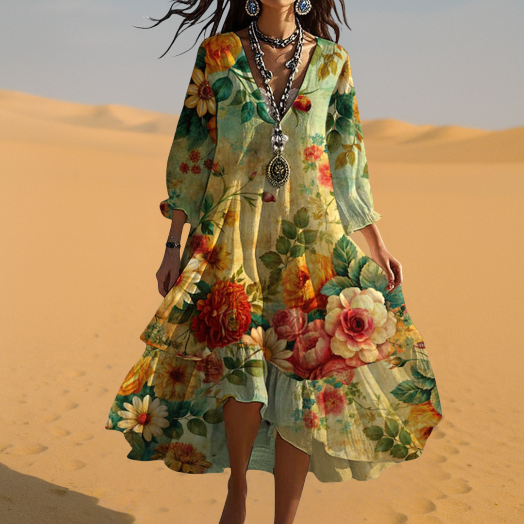 Pia - Vestido Boho Vintage com decote em V