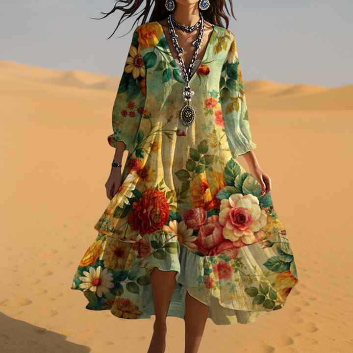 Pia - Vestido Boho Vintage com decote em V