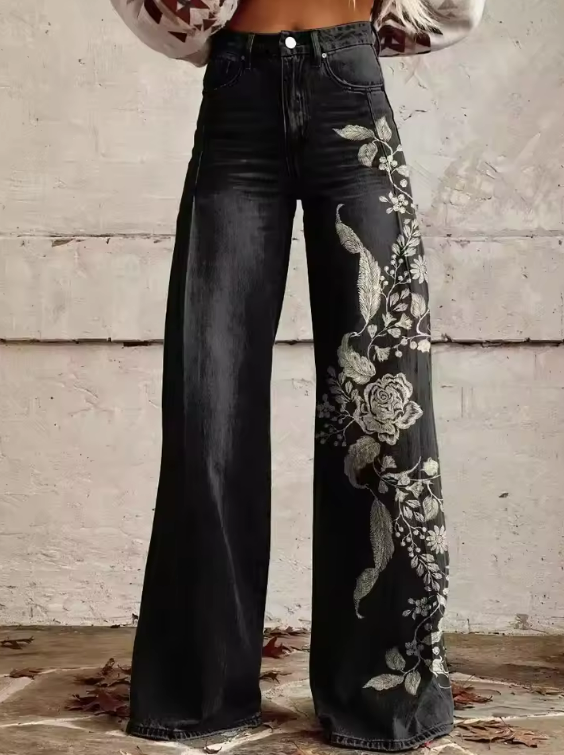 ECSLISSI | Calças Vintage Preto com Estampa Floral Chic