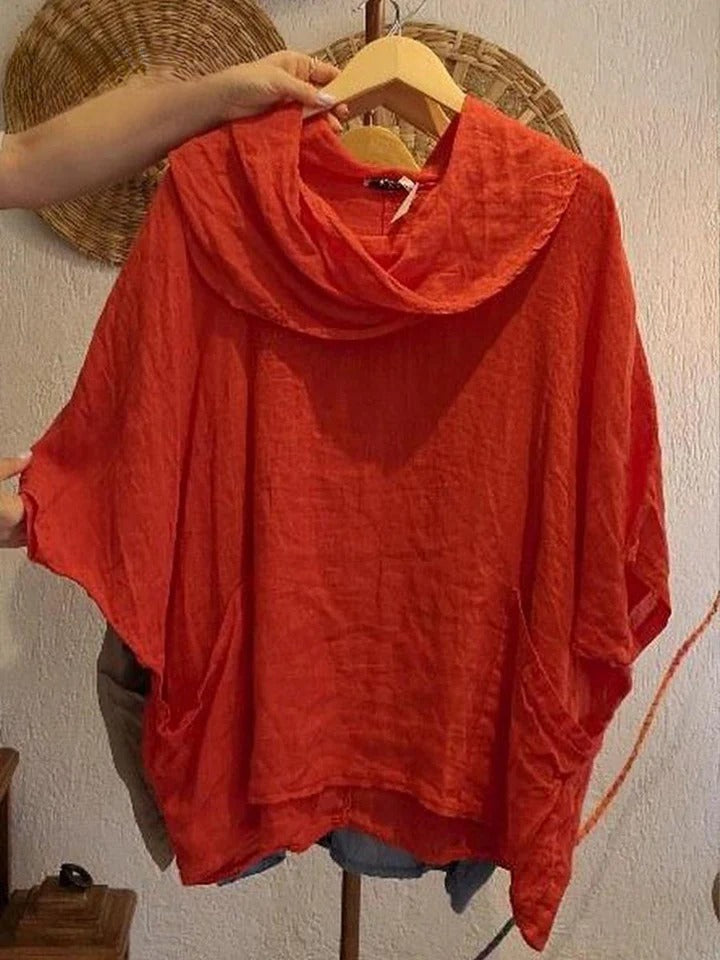 Blusa Tanith — Modelo Relaxado com Manga 3/4 e Gola Drapeada