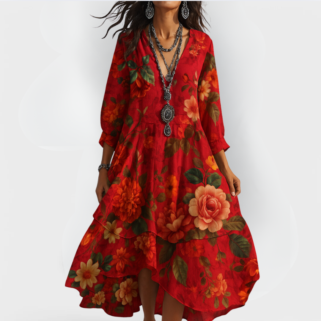 Pia - Vestido Boho Vintage com decote em V