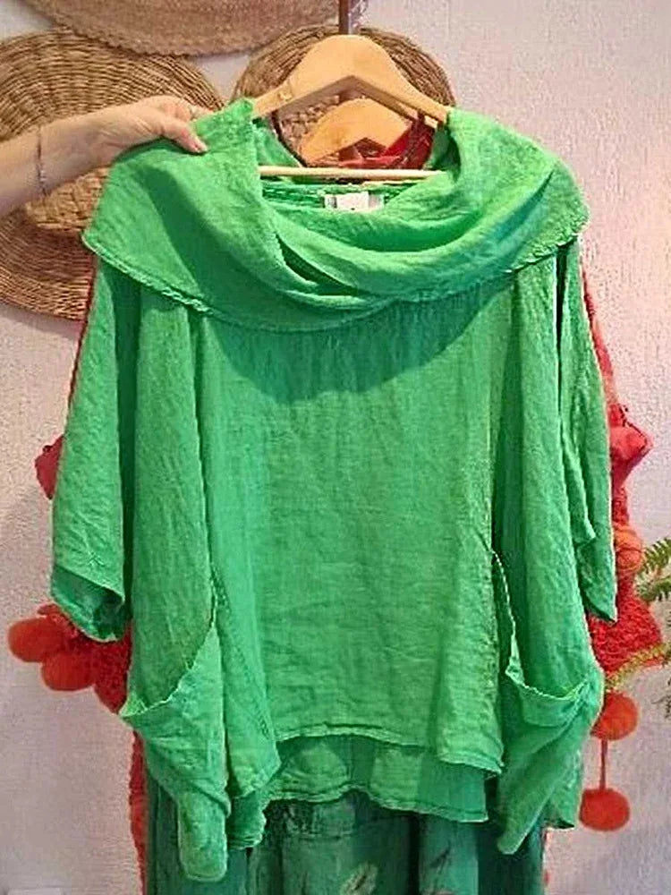 Blusa Tanith — Modelo Relaxado com Manga 3/4 e Gola Drapeada