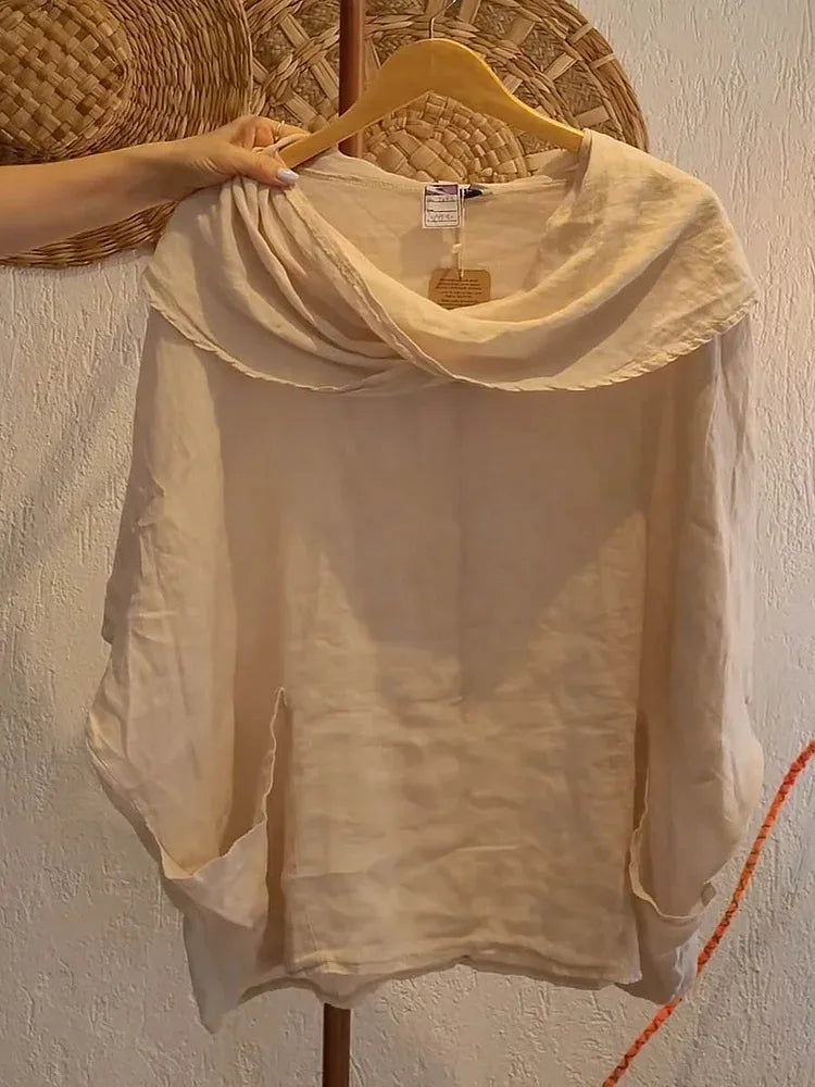 Blusa Tanith — Modelo Relaxado com Manga 3/4 e Gola Drapeada