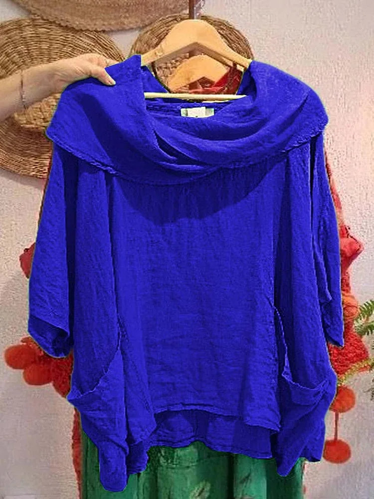 Blusa Tanith — Modelo Relaxado com Manga 3/4 e Gola Drapeada