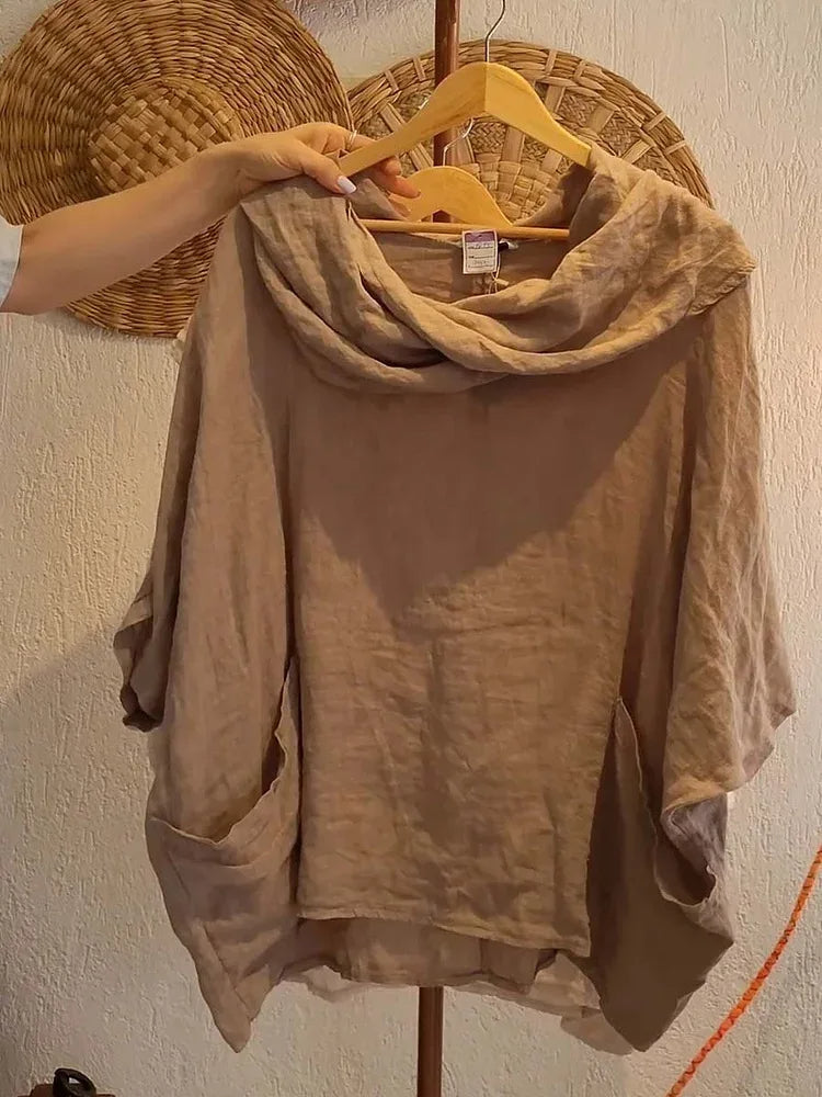 Blusa Tanith — Modelo Relaxado com Manga 3/4 e Gola Drapeada