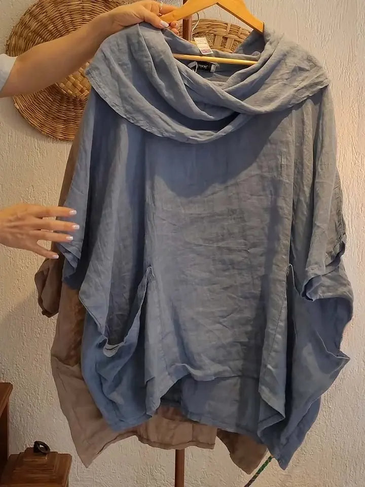 Blusa Tanith — Modelo Relaxado com Manga 3/4 e Gola Drapeada