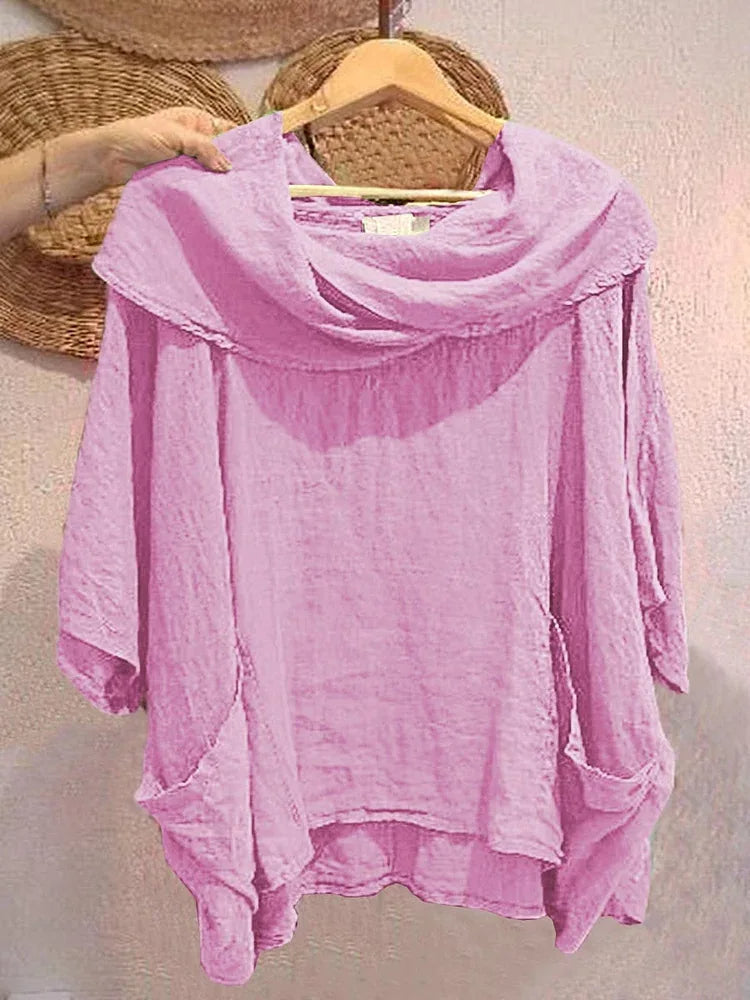 Blusa Tanith — Modelo Relaxado com Manga 3/4 e Gola Drapeada