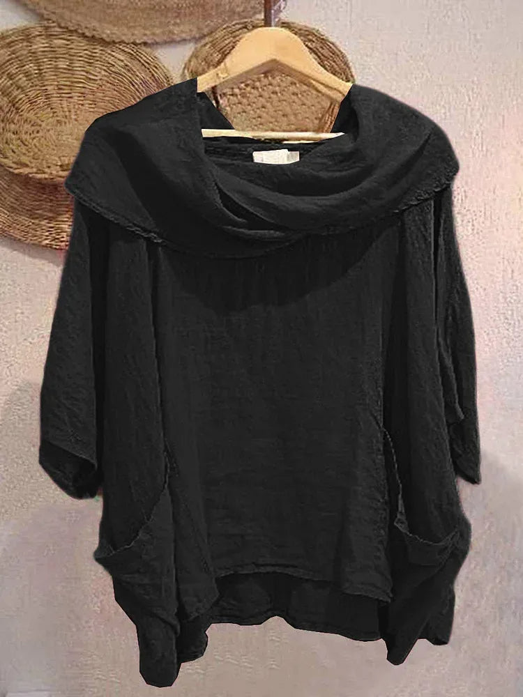 Blusa Tanith — Modelo Relaxado com Manga 3/4 e Gola Drapeada