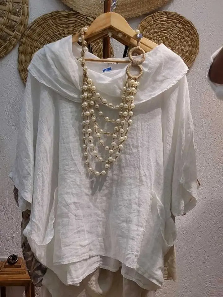 Blusa Tanith — Modelo Relaxado com Manga 3/4 e Gola Drapeada