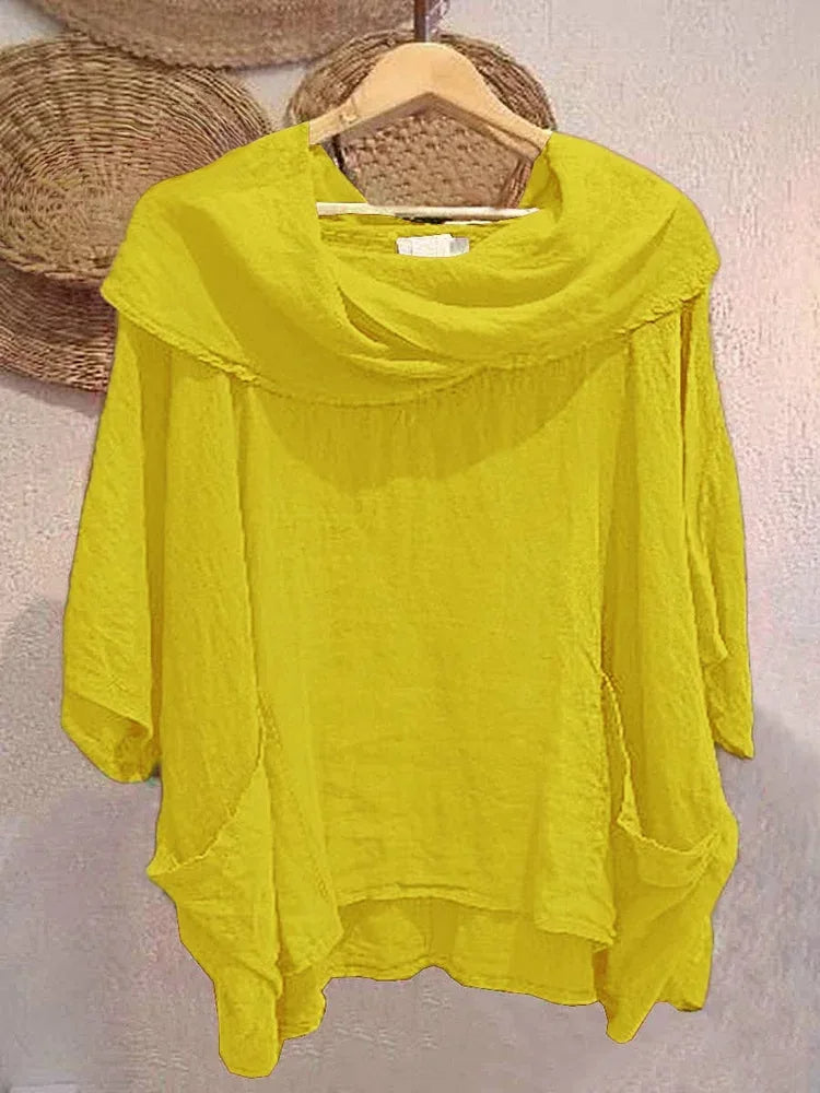 Blusa Tanith — Modelo Relaxado com Manga 3/4 e Gola Drapeada