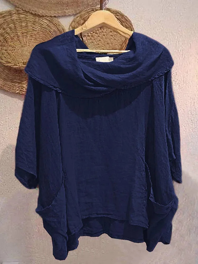 Blusa Tanith — Modelo Relaxado com Manga 3/4 e Gola Drapeada