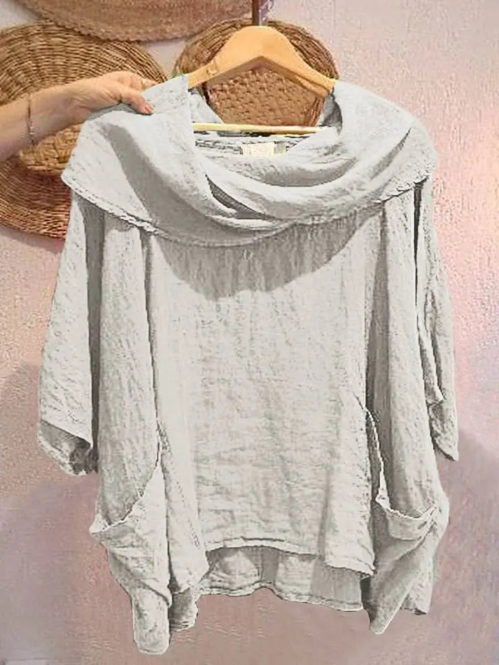 Blusa Tanith — Modelo Relaxado com Manga 3/4 e Gola Drapeada