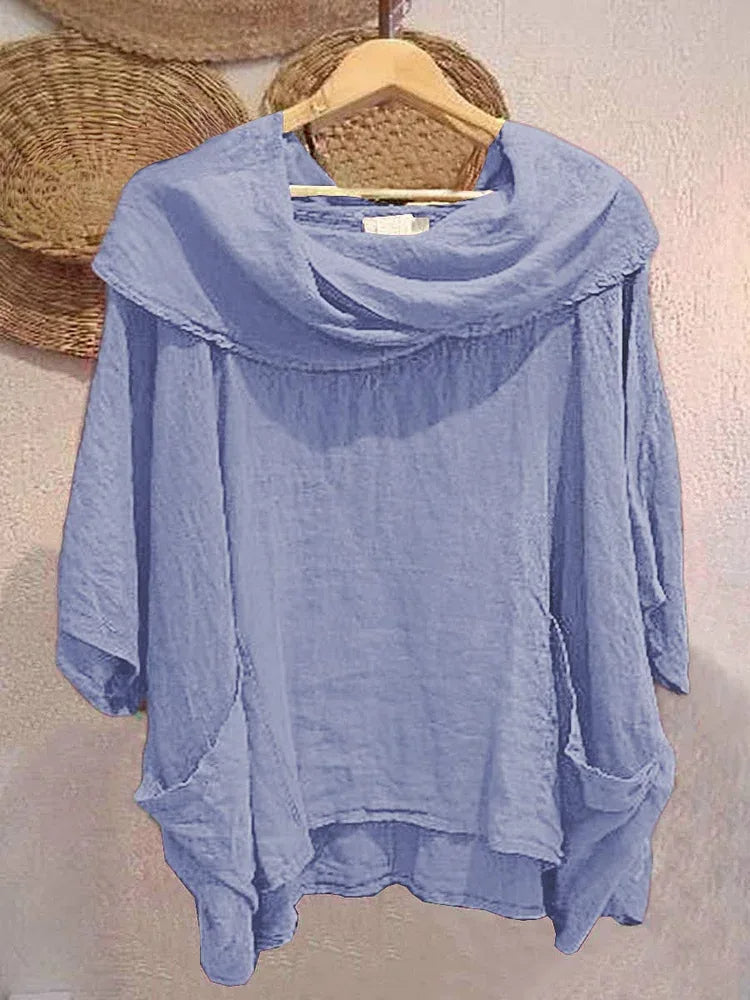 Blusa Tanith — Modelo Relaxado com Manga 3/4 e Gola Drapeada
