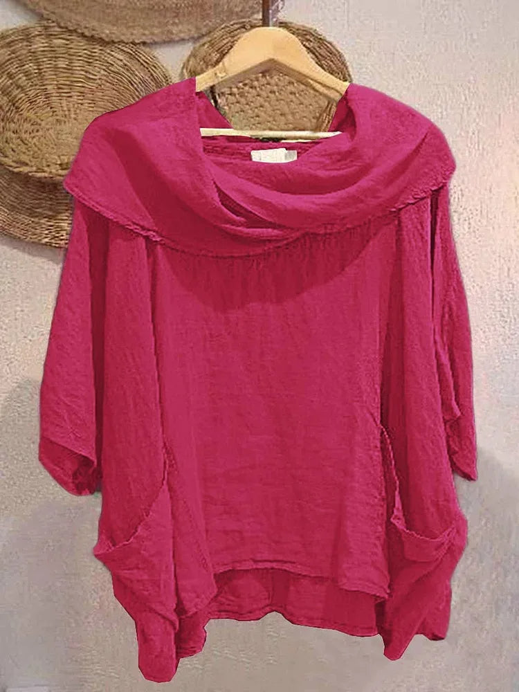 Blusa Tanith — Modelo Relaxado com Manga 3/4 e Gola Drapeada