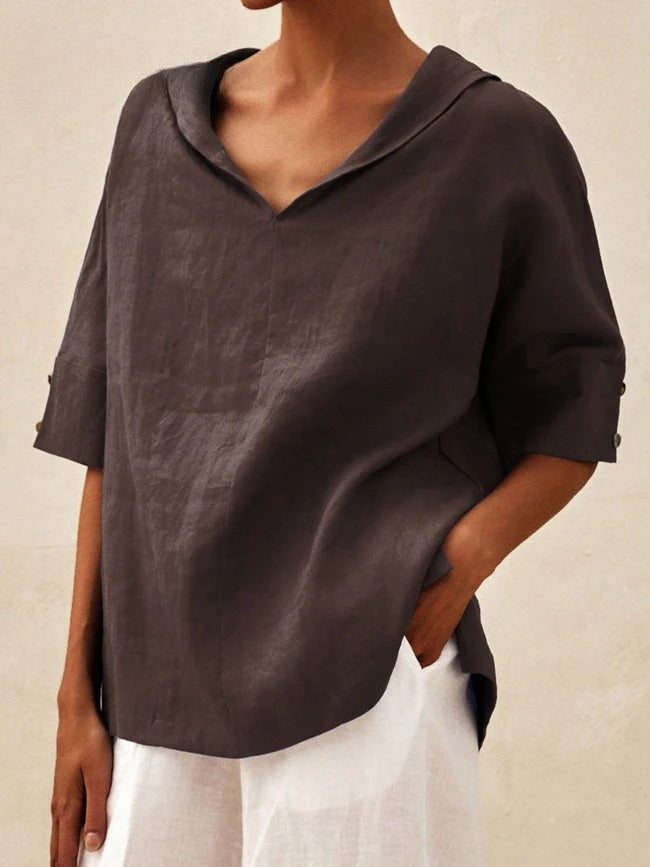 Briarrose - Camisa Casual de Linho com Gola V para Mulheres
