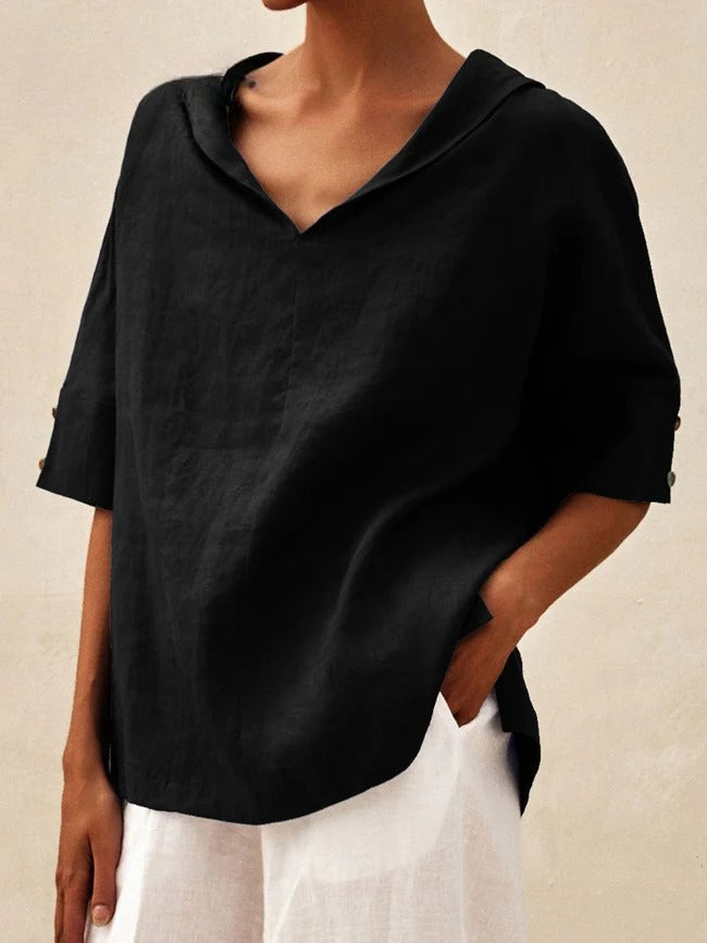 Briarrose - Camisa Casual de Linho com Gola V para Mulheres