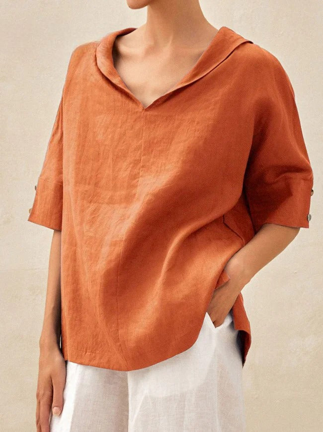 Briarrose - Camisa Casual de Linho com Gola V para Mulheres