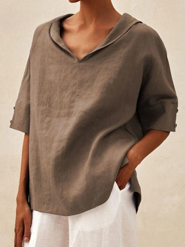 Briarrose - Camisa Casual de Linho com Gola V para Mulheres